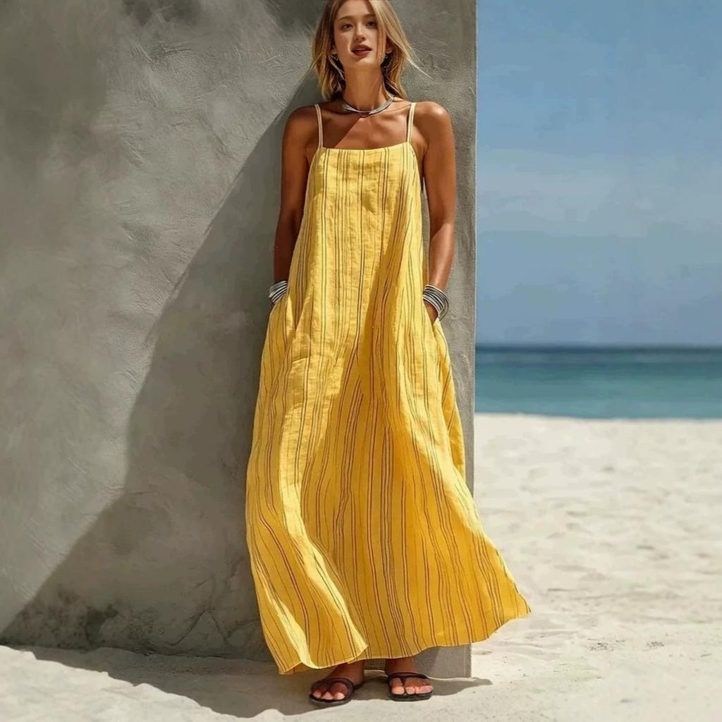 Women's Spaghetti Strap Maxi Dress Blue Vertical Stripe Side Pockets Beach Holiday Dress
