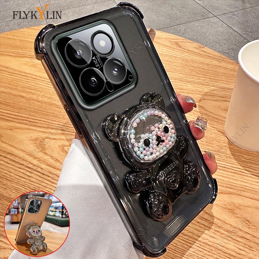 FLYKYLIN Coque de téléphone mignonne avec support ours plaqué pour Xiaomi Redmi 15C 14C 13 13C Housse transparente avec support