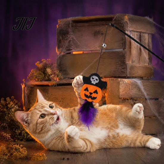 Spooky Spider Pumpkin Skull Toys Halloween Cat Wand Toy, Interactive Toy with Feathers And Bell, Designs, Ribbon for Indoor Cats Lightweight