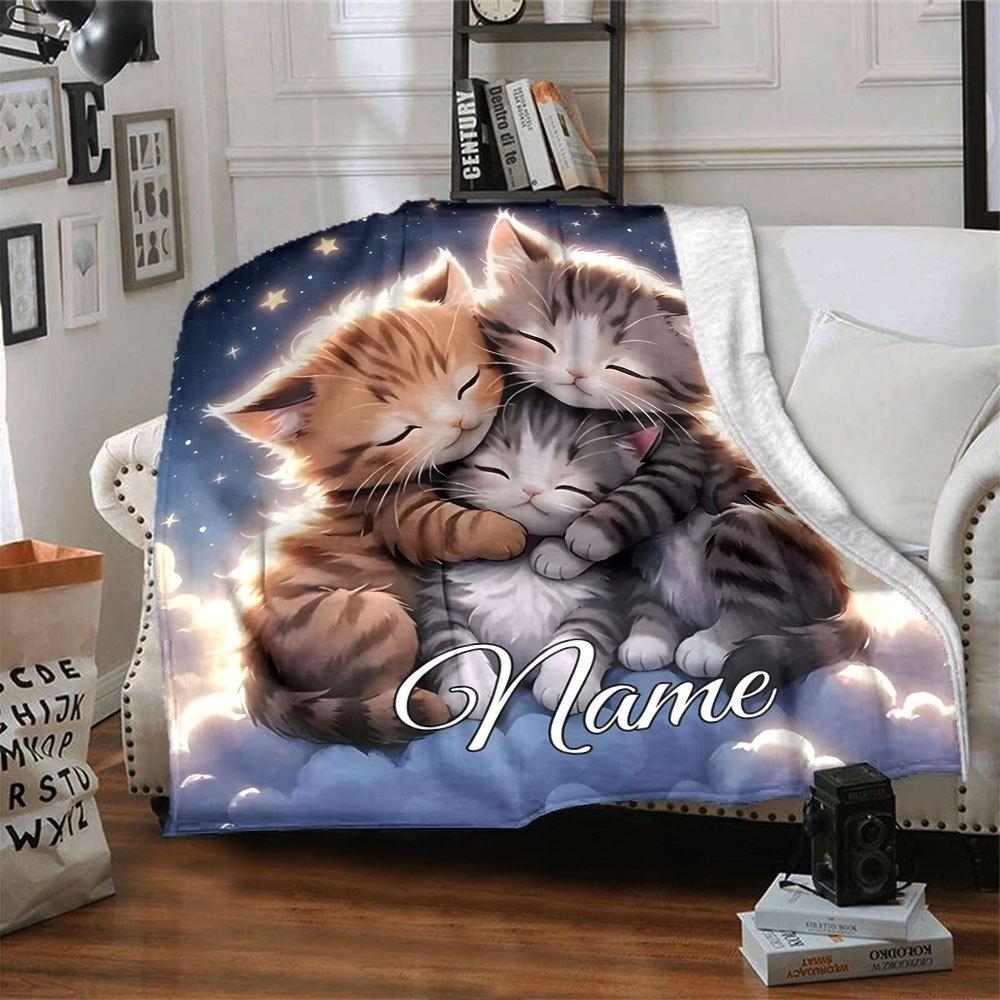 Adorable Kitten Sky Clouds Home Customize Your Name Blankets Soft And Cozy For All Seasons Perfect For Picnics Sofa Office Bed Living Room Ideal Gift