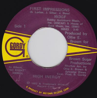 7inch Record HIGH INERGY - First Impressions 1613GF Gordy 1982 US Soul/Funk Used