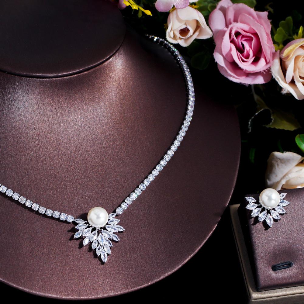 Brautschmuck Kalter Wind Pferdeaugen Zirkon Perlen Schmuckset Kette Halskette Ohrstecker Set