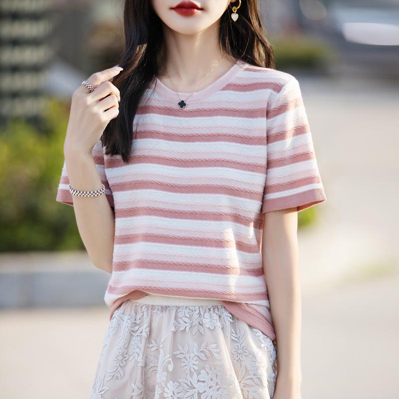 2024 Frühherbst Damen Baumwolle Farbblock Gestreiftes T-Shirt