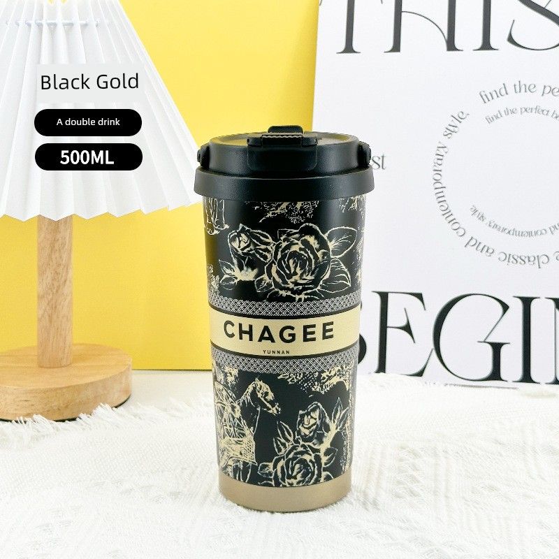 

Bawang s Same Style Coffee Cup, High-Looking, Large-Capacity Thermos Cup, Portable with a Carrying Strap and Handle, Dual-Use Straw Water Cup Black Gold [Includes Carrying Strap + Gift Box]