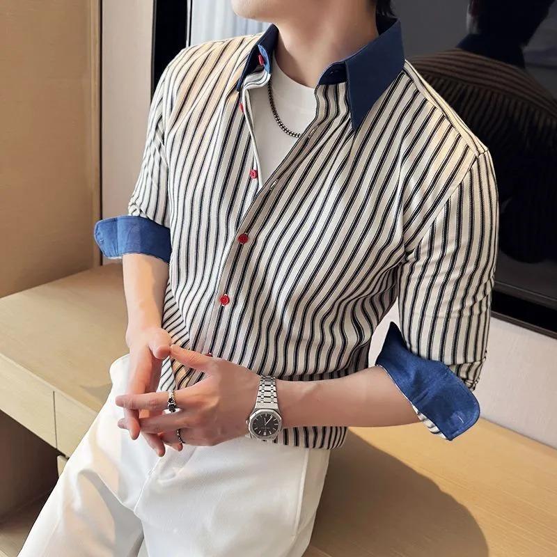 

Men s Spring Autumn New Korean Stripe Patchwork Denim Shirt Long Sleeve Niche Casual Versatile Outerwear Top M белый