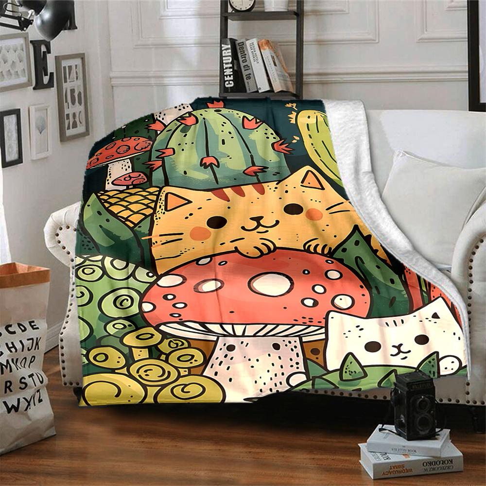 1pc Cactus Mushroom Cat Pattern Blanket, Lightweight Flannel Throw Blanket for Sofa, Bed, Travel, Camping, Living Room, Office, Couch025