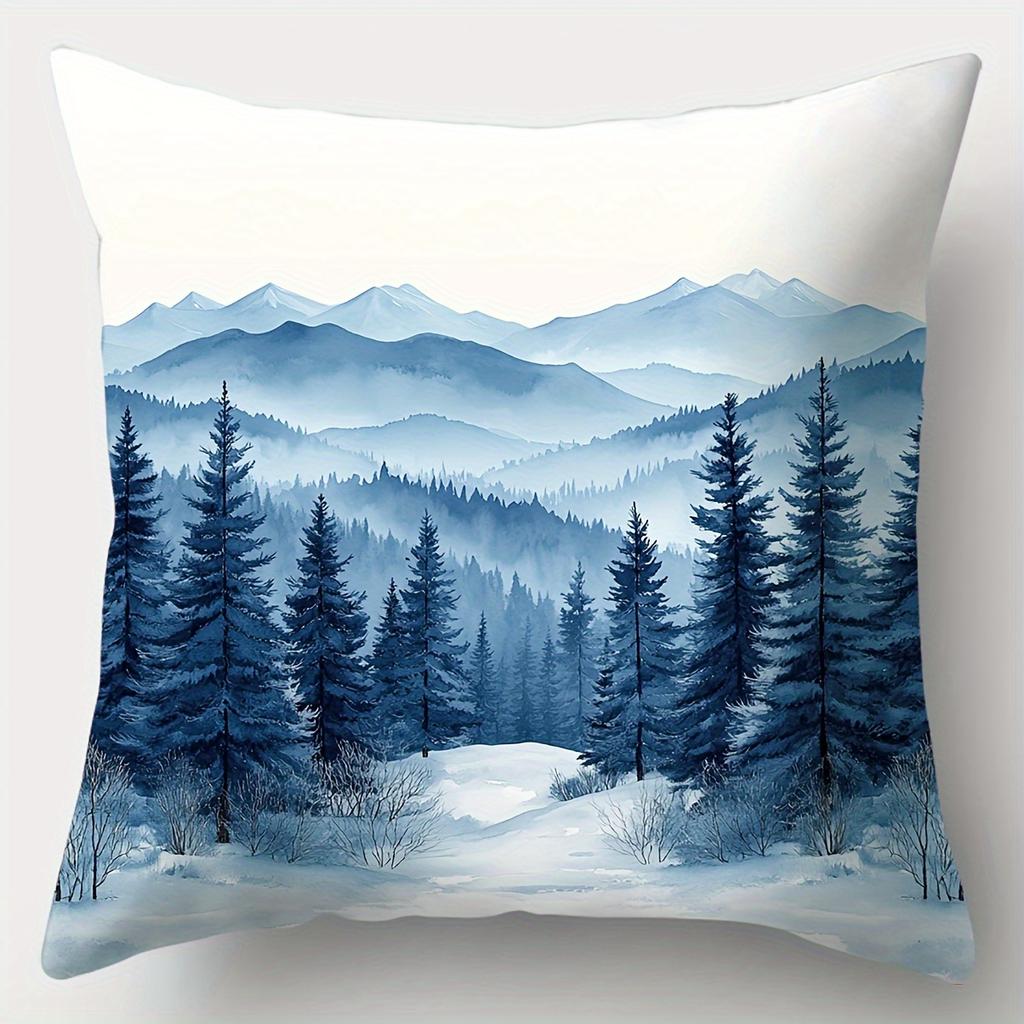 4pcs, Winter Pillowcase, Mountain Forest Snow Landscape Printed Cushion Cover, Watercolor Style, Single Side Printing, Washable Zipper Closure, Suitab