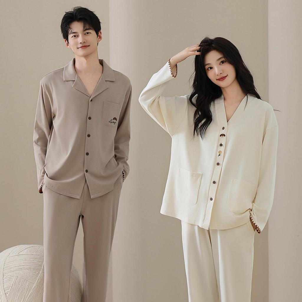 Tencel Cotton Lyocell Couple Pajama Set - Long Sleeve Casual Homewear for Women and Men