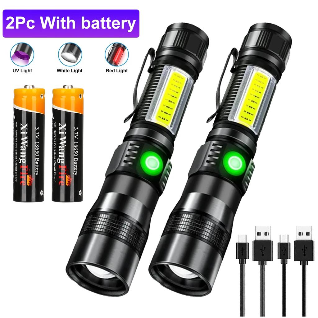 UV Light & Strong Light Flashlight USB Rechargeable Camping Lantern Pets Urine Stains Black Light Led Ultraviolet Torch Lamp