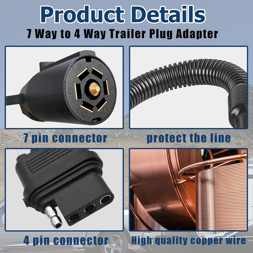 Universal Waterproof 7 Way Round to 4 Way Flat Adapter Trailer Wiring Harness Power Supply Extension Cord for Trucks RV Pickups