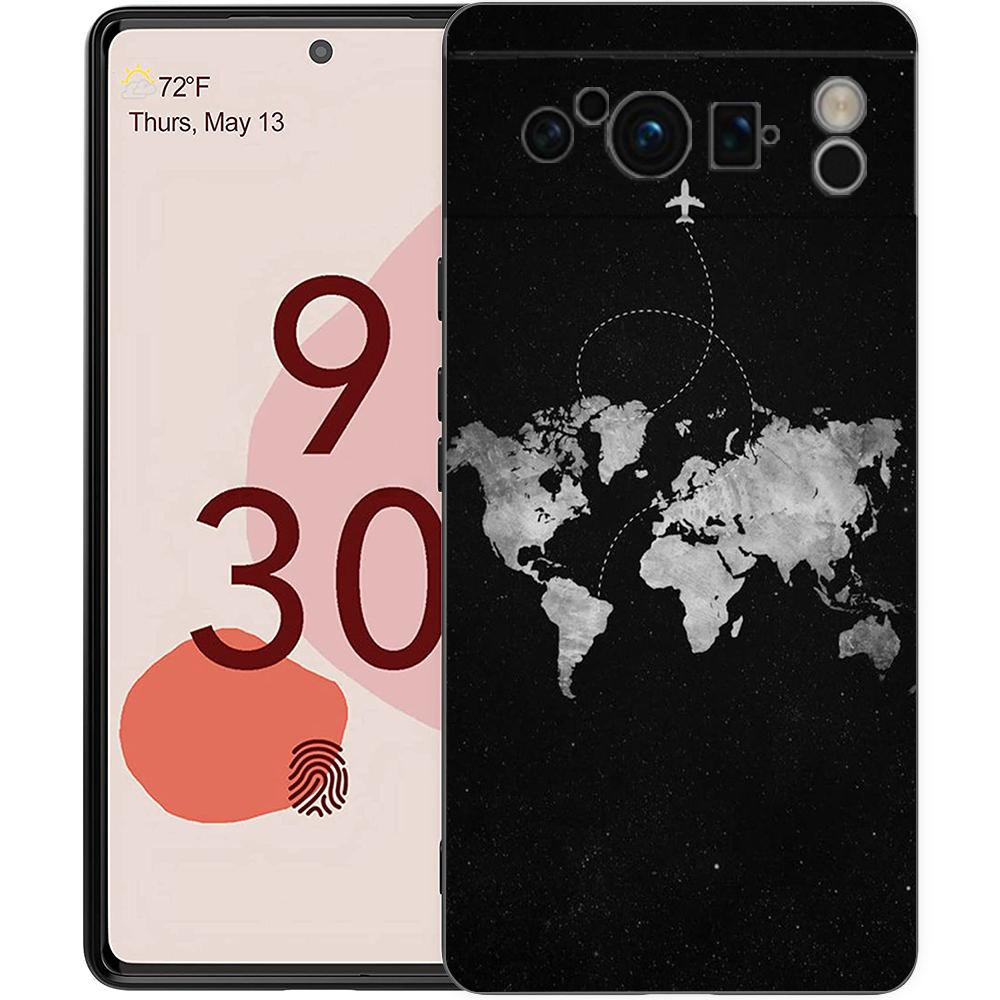 

Cartoon World map scenery direction Phone Case For Google pixel 9 8 7 6 Pro 8A 6A 7A 5G Silicone Shockproof Black Cover Pixel 8A