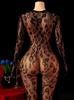 Long Sleeves Wrap Around Fingers Women Leopard Print Sexy Lingerie Bodysuit Bodystocking For Adult Nightwear
