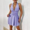 Women's Sexy White Halter Deep V-neck Dress Elegant Pleated Waist A-line Mini Skirt Fashionable Summer Backless Beach Party Club Short Dress