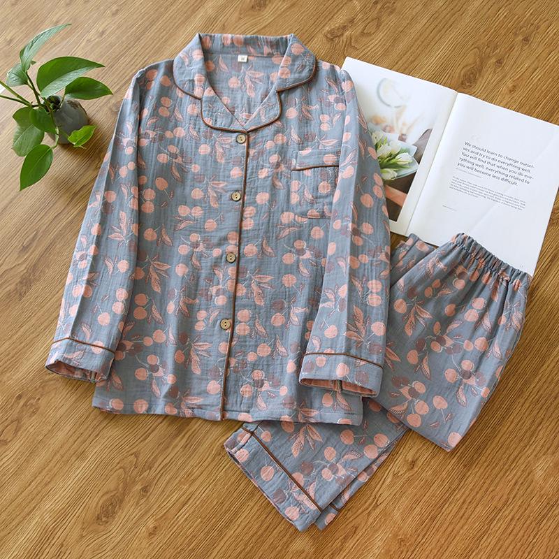 Damen-Pyjama im Muji-Stil aus garngefärbter Baumwolle-Jacquard - Langarm-Cardigan-Set für Frühling und Sommer