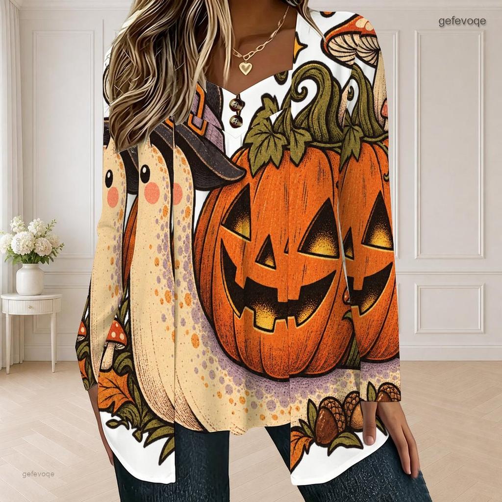 Women Plus Size Square Neck Long Sleeve Faux Two Piece Printed T Shirt Halloween Teddy Bear Pumpkin White