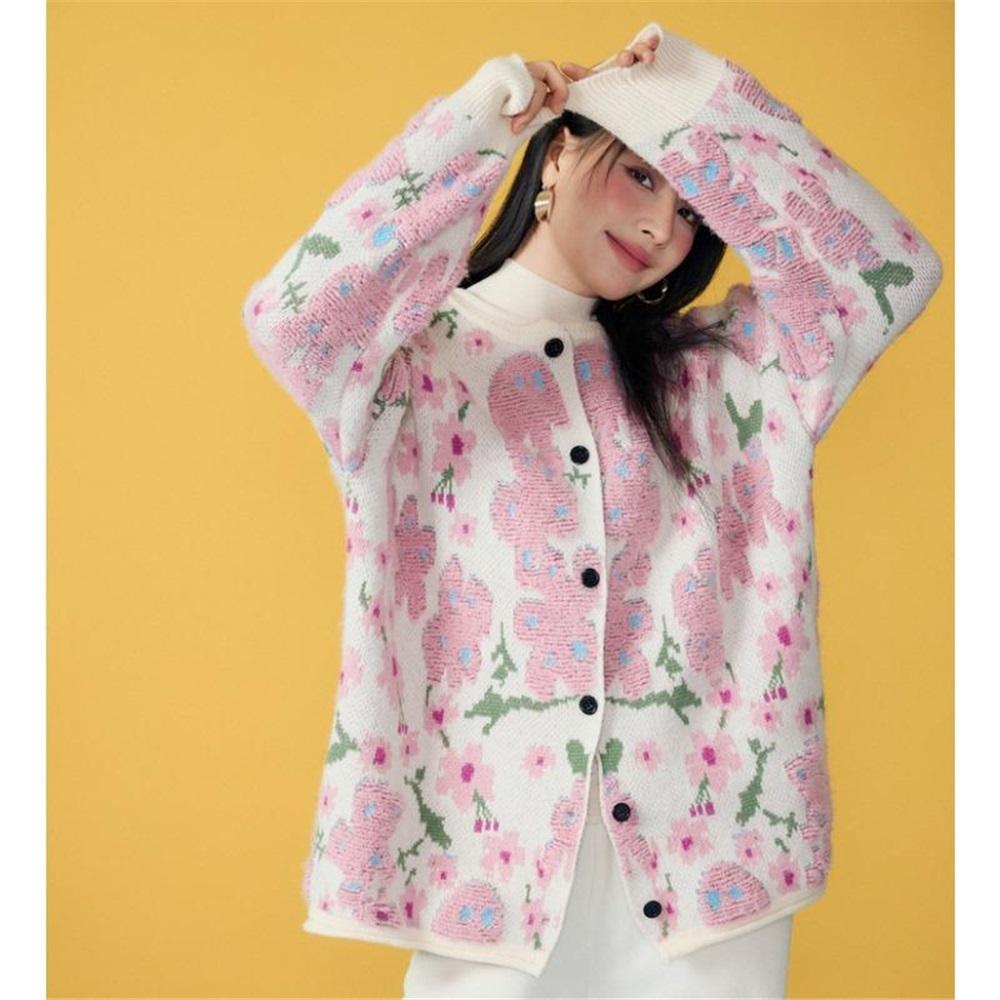 Sweaters Flower Coat Pink Cardigan Autumn Women Print O-Neck Bat Sweaters Knitting Loose Sweater Green