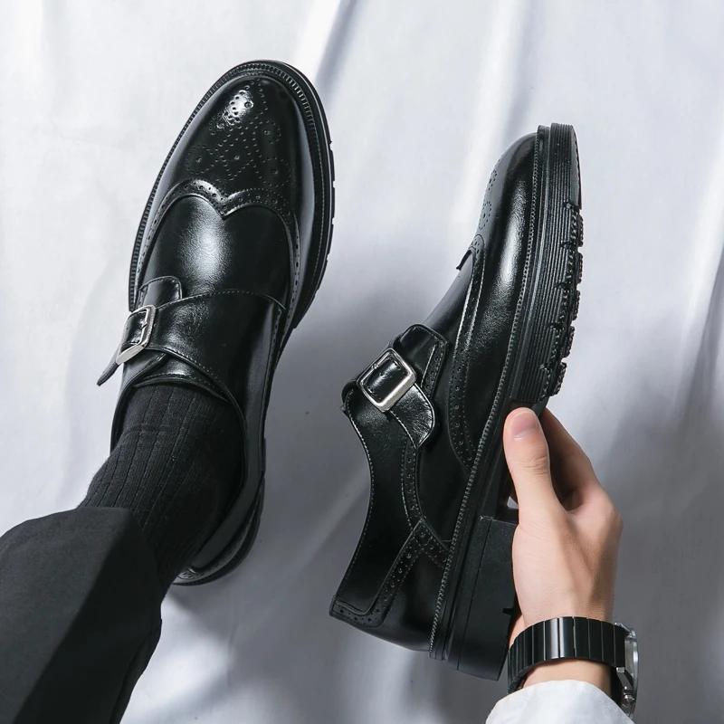 Brand Business Shoes Men's Genuine Leather Italian Wingtip Oxfords Monk Strap Buckle Brogue Quality Wedding Social Shoes for Men