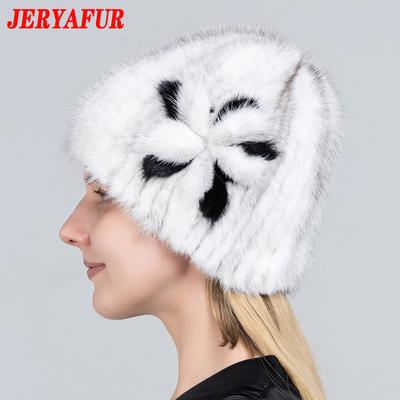 Knitted Fur Hat Women Winter Warm Natural Mink Fur Hats Striped Stylish Beanie Hat