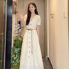 Women's French Hollow V-Neck Short-Sleeve Spring Dress Set - Elegant Waist-Cinching, Slimming, Long Skirt for Dates 2026.