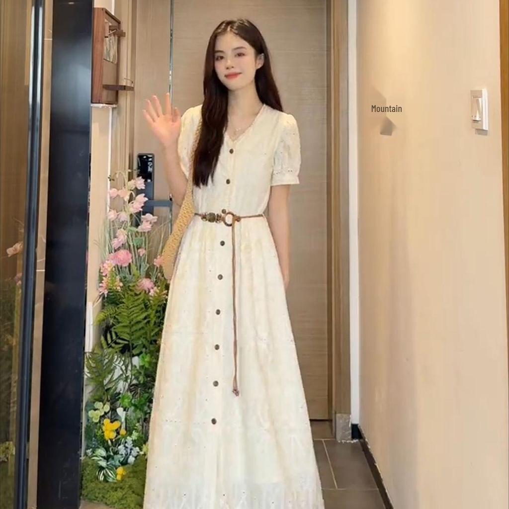Women's French Hollow V-Neck Short-Sleeve Spring Dress Set - Elegant Waist-Cinching, Slimming, Long Skirt for Dates 2026.