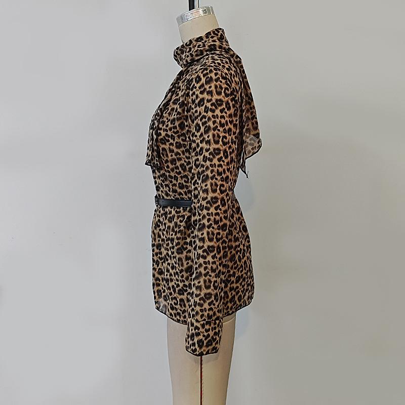 Dámské tričko s dlouhým rukávem a výstřihem do V, jarní a podzimní halenka s leopardím potiskem, elegantní topy