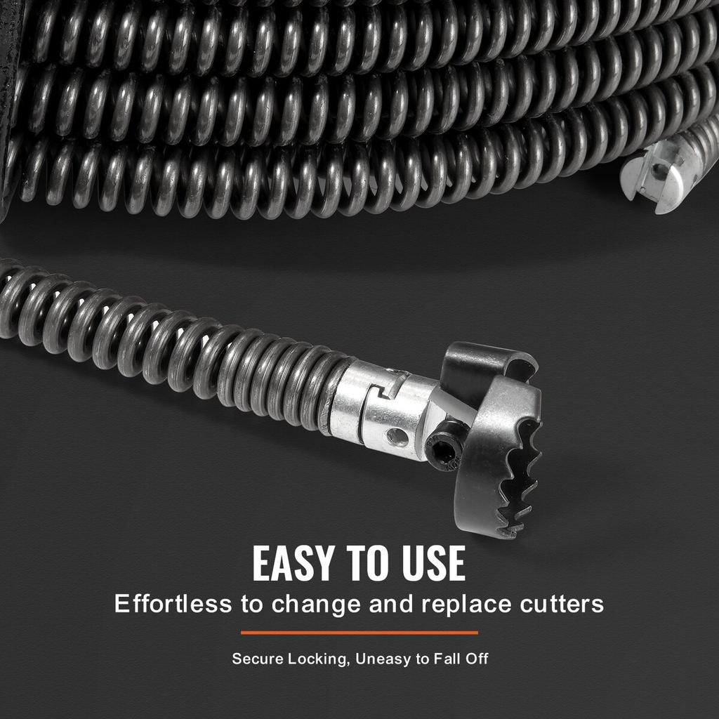 Sectional Drain Cleaning Cable 66FTx5/8In & 7 Cutters for 0.8"-3.9" Pipes