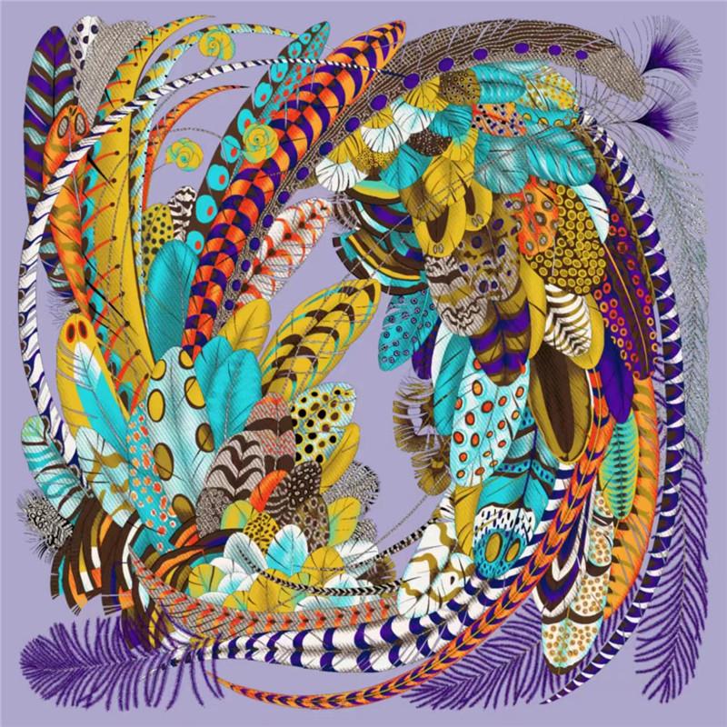 POBING Silk Scarf Women Large Shawls Feather Print Square Bandana Luxury Muslim Hijab Scarves Wraps Female Foulards 130CM