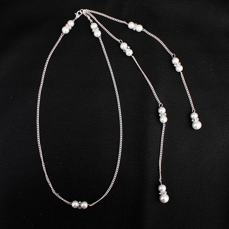 Beach Vacation Style Sexy Necklace with Diamond Body Chain Pearl Pendant Tassel Back Chain Dress Accessories