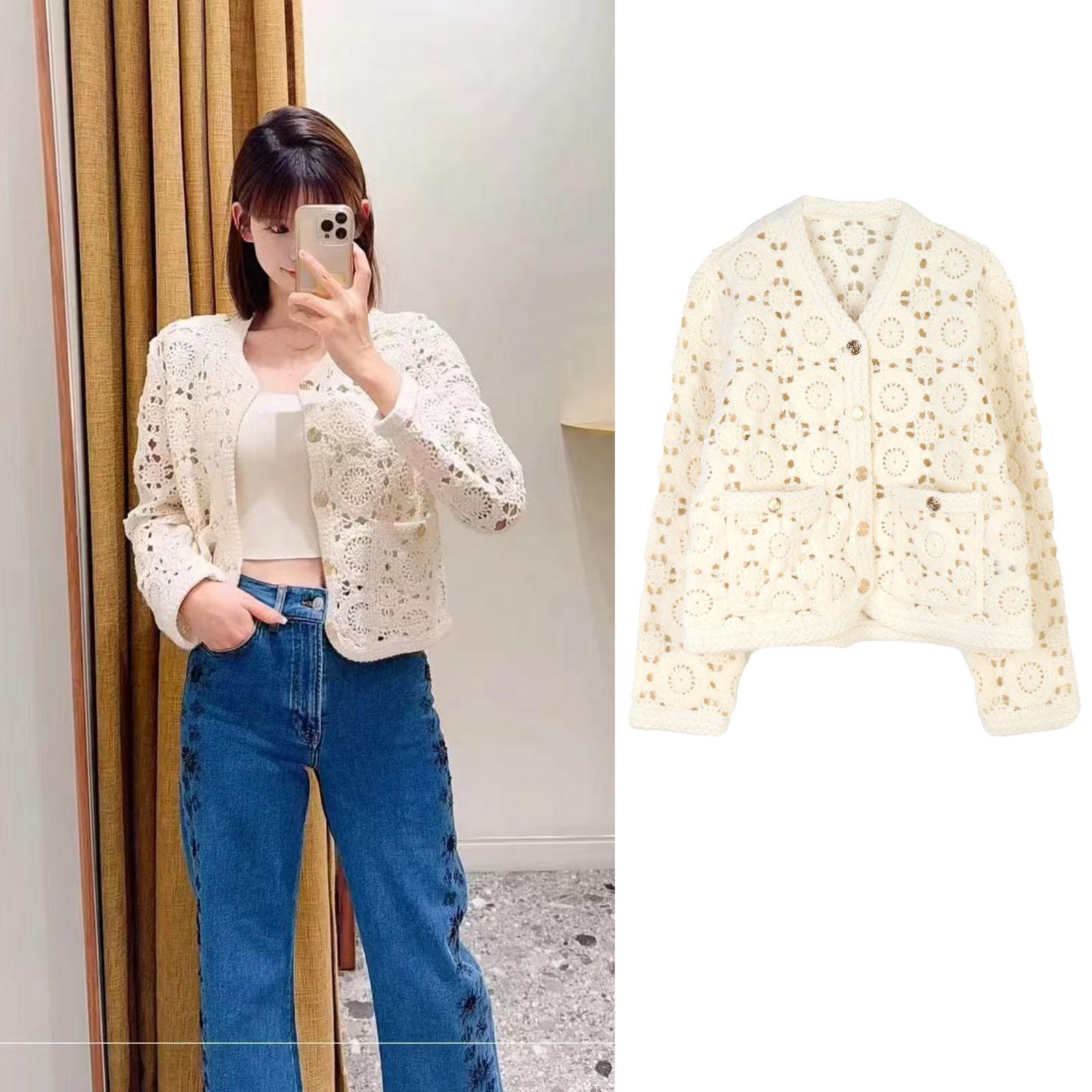 

Hand-Crocheted Floral V-Neck Cardigan Sweater - Elegant Spring/Autumn Design Medium