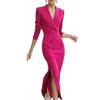 Women Midi Bodycon Sheath Dress Lapel V Neck 3/4 Sleeve Office Business Dress Formal Cocktail Work Slit Pencil Dress