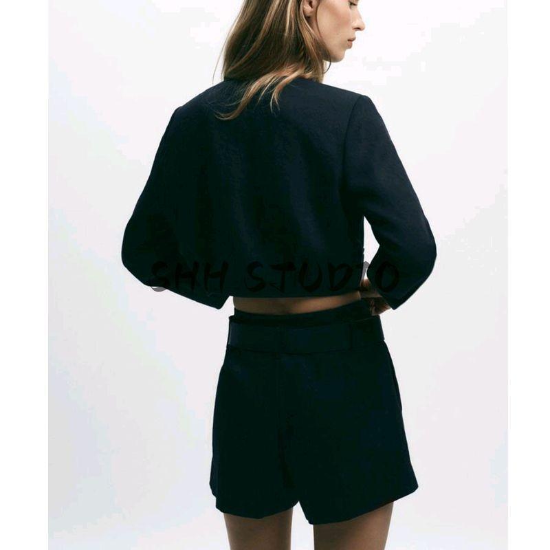 round Neck Golden Button Short Suit Outwear 8372280 High Waist with Belt Casual Shorts 8372180