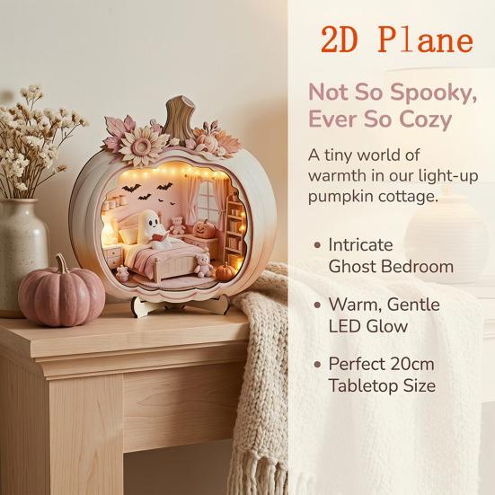 Cute Pastel Pumpkin Ornament Halloween Ghost Wooden Plaque, 2D Flat Tabletop Sign, Desktop Festive Home Accessory Spooky Bathing Reading for