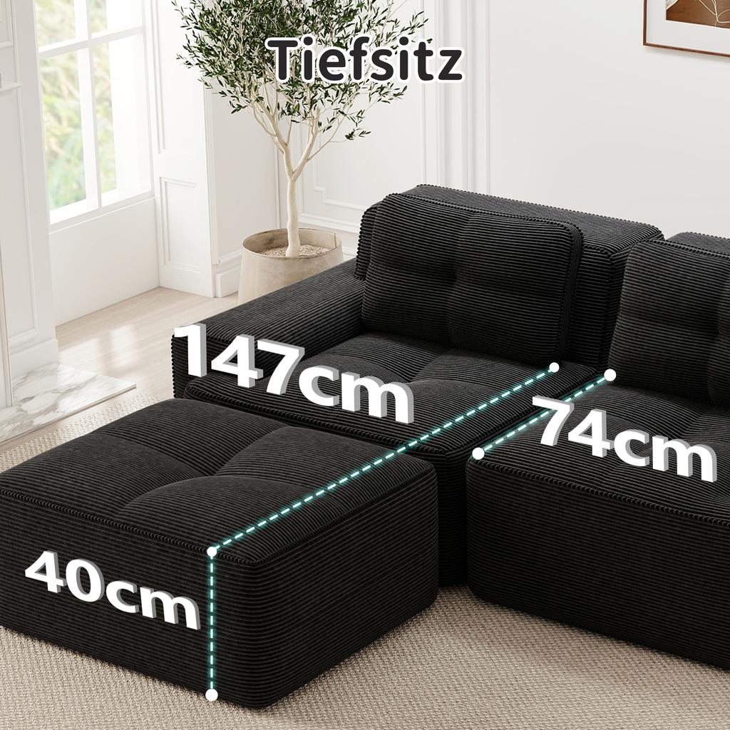 Knochenloses, Modernes L-förmiges Modulsofa für das Wohnzimmer mit tiefer Sitzfläche, Bequemes Cord-Wolkensofa mit Hocker, Geknöpftes Zweisitzer-Schlafsofa, Schwarz
