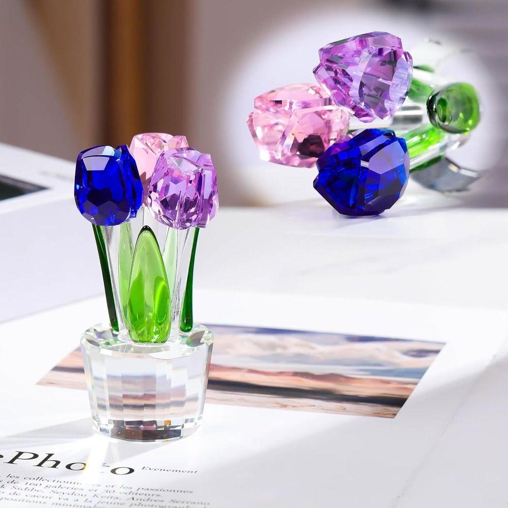 Creative Crystal Tulip Sculpture Colorful Handmade Tulip Bouquet Ornaments Reflect Small Desktop Floral Decorations