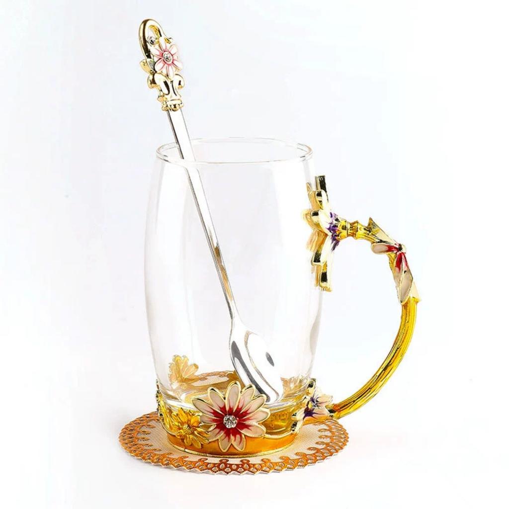 Handmade Enamel Butterfly Flower Glass Coffee Mugs Tea Cup with Spoon,Birthday Christmas Gifts for Her Women Mum Friends Teacher Valentines