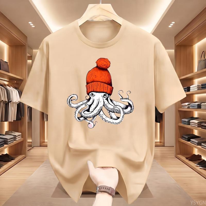 Octopus Orange Knitted Hat Cotton T-shirt Japanese Printed T-shirt Casual Cotton Short Sleeve T-shirt Unisex T-shirt