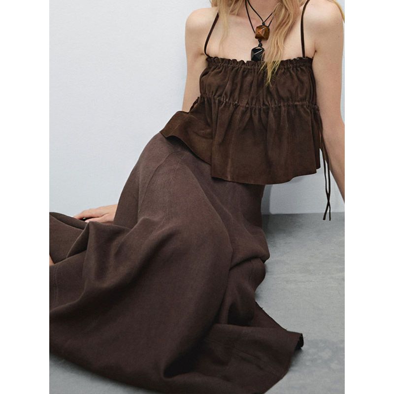 MD Women clothes French style Vacation Wave Style Retro Brown Texture Linen Umbrella Skirt Women's Skirt 05236586717