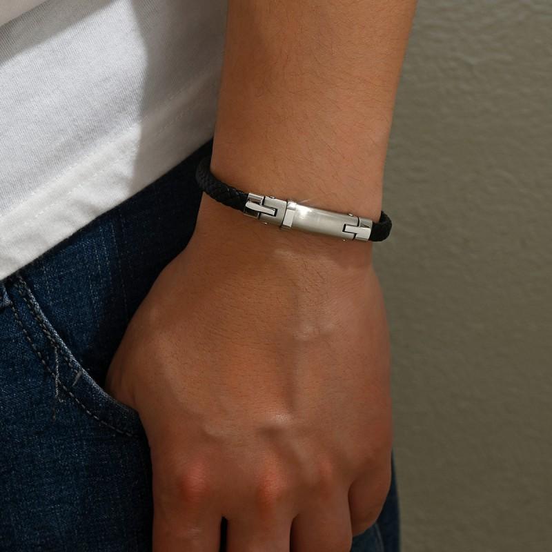 Trendy Cool Black Leather Rope Woven Bracelet Steel Contrasting Color Simple Personalized Versatile Internet Famous Niche Accessory