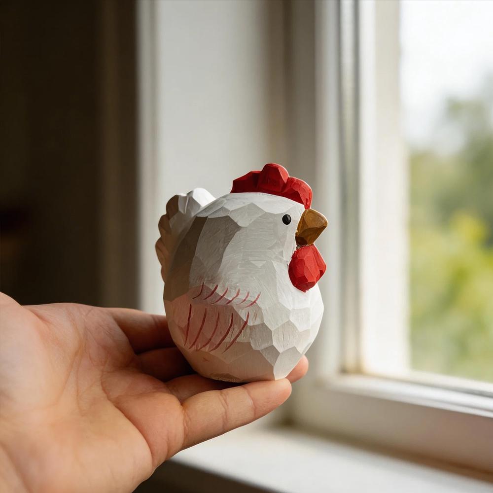 Hand Carved Wooden Rooster Rustic Figurine Cute White Chicken Statue Farmhouse Kitchen Home Desk Shelf Decor Ornament Gift