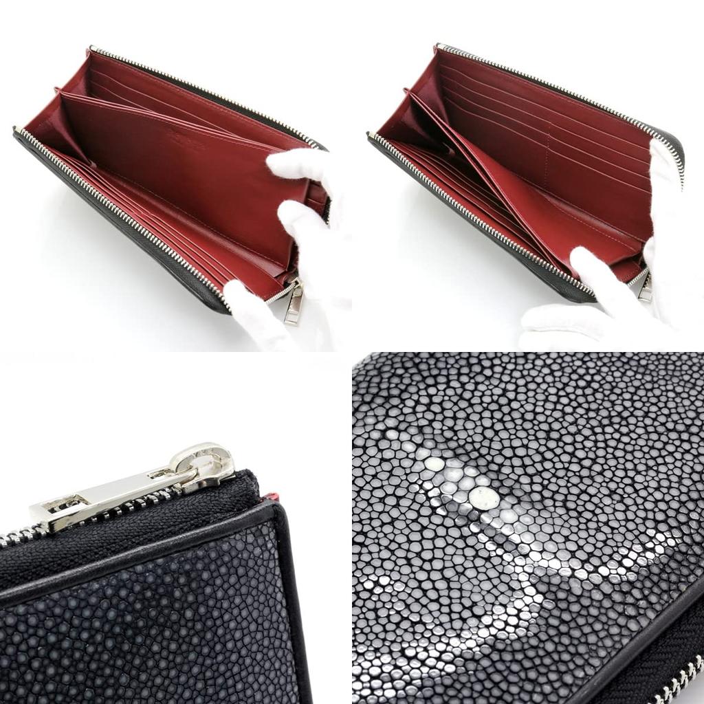 [Revetta] Stingray Leather Long Wallet, Wine Red Interior, YKK Zipper, Galusha (Stingray) Leather, Black, Men's & Women's, Genuine Leather [192stw-2]