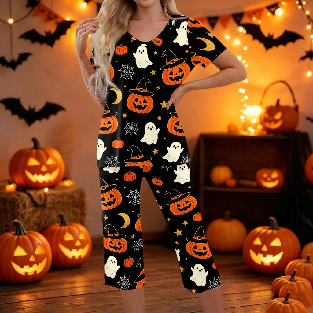 Women Two Piece Halloween Print Outfit Short Sleeve Top and Cropped Pants Casual Sportswear Set for Daily Wear