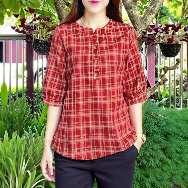 

ZANZEA Женская повседневная блузка с круглым вырезом и рукавами 3/4 свободного кроя с принтом в клетку 5XL красный