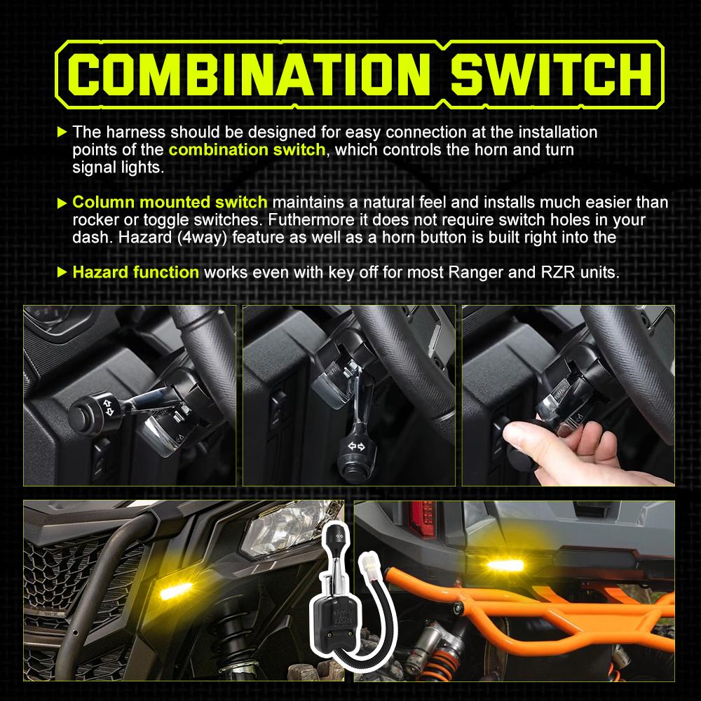 For Polaris Ranger XP General UTV Turn Signal Kit w/110D Horn Triangle Flowing Street Legal ATV Blinker Kits Column Lever Switch