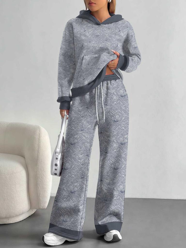 Retro Pattern Splicing European, American Autumn And Winter Casual Long-Sleeved Suit Women'S Hooded Sweater Trousers Two-Piece Set