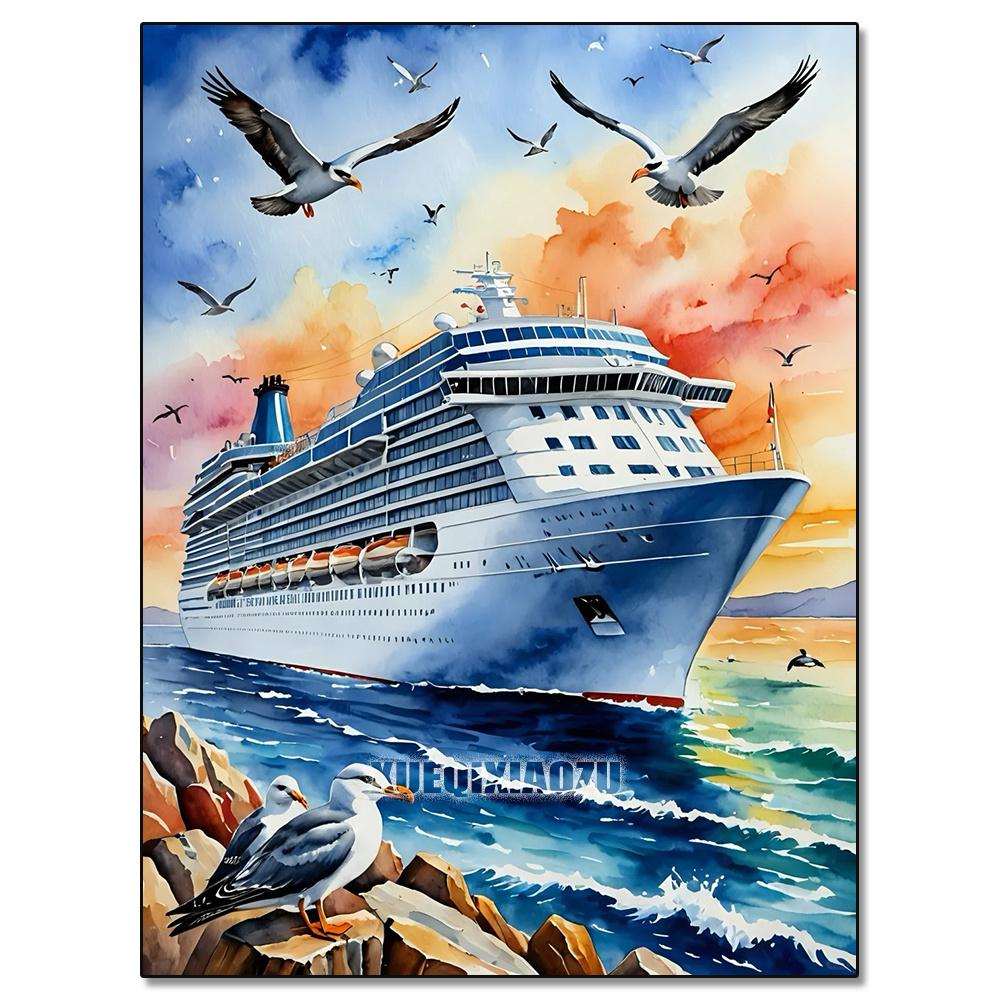 Akvarelllandskap Växtserie Diamantkonstmålning Dekoration Segelbåt Diy Full Strassmosaik Korsstygnsats Gåva