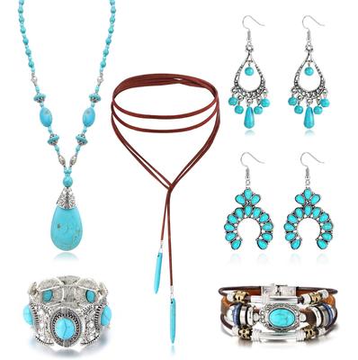 Pendentif Turquoise Vintage Bohème Perlé Ethnique Bijoux Collier et Boucles d'Oreilles Ensemble