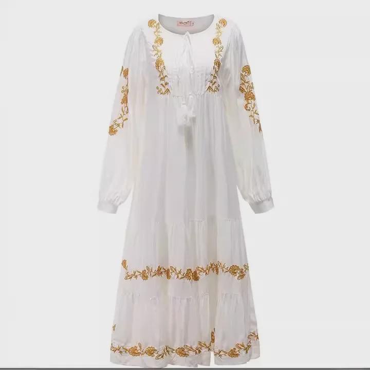 Embroidered Floral V-Neck Lantern Sleeve Maxi Dress