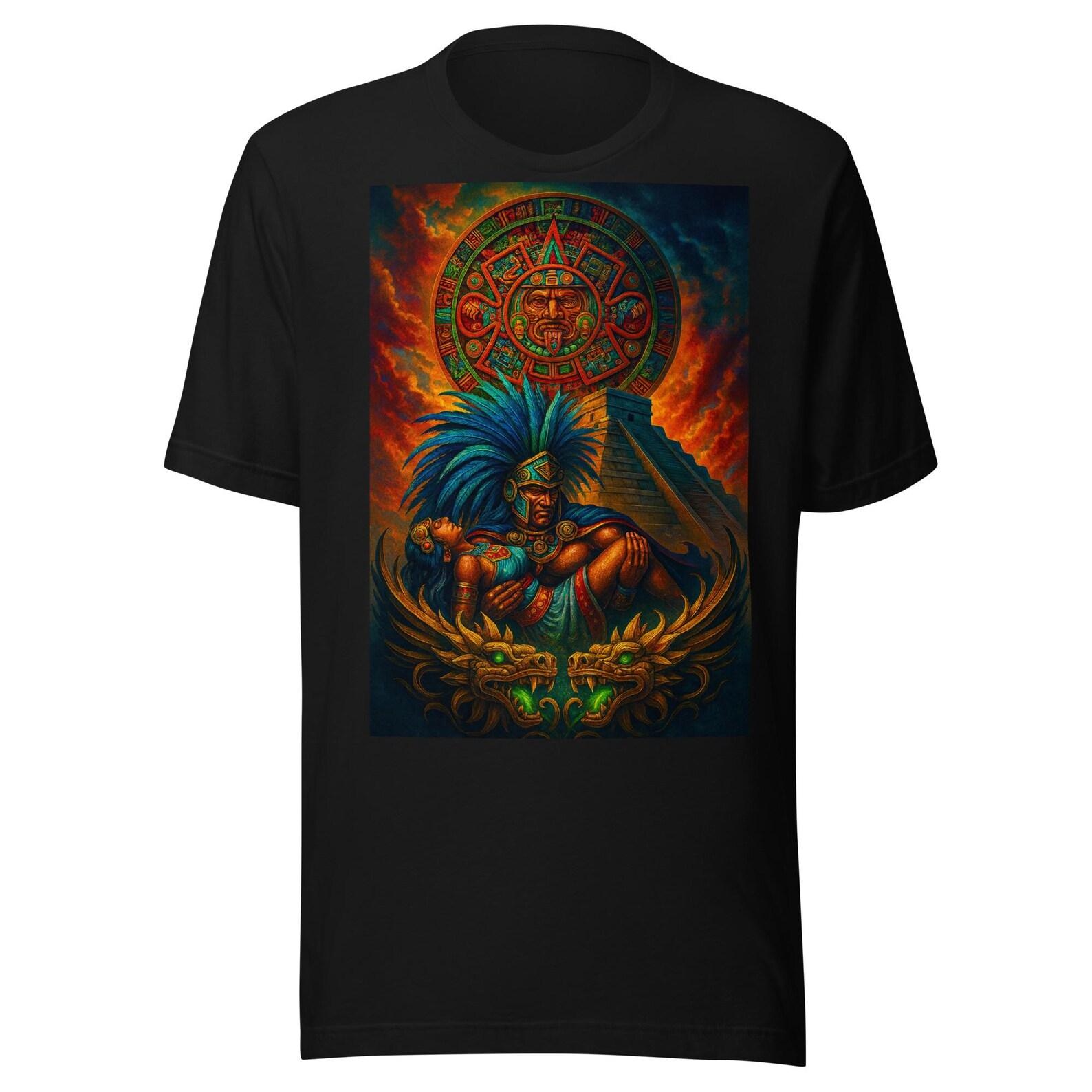 Aztec Calendar — Mexica Warrior with Pyramid and Feathered Serpents Unisex t-shirt 4XL