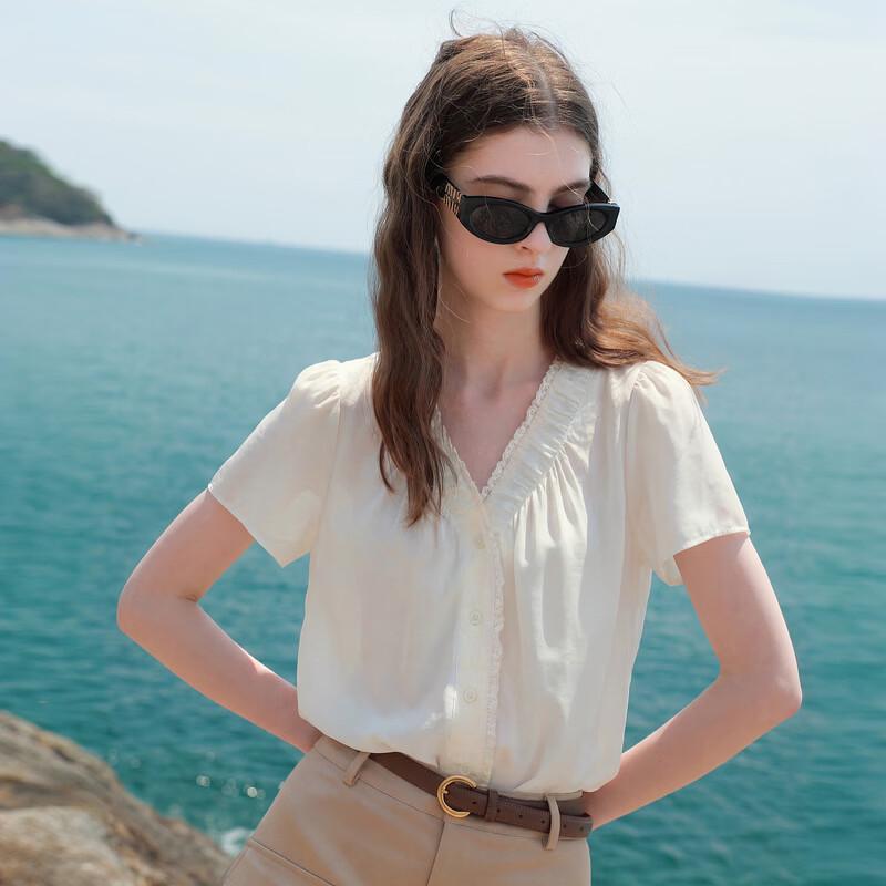 SanCai Women's V-Neck Loose Acetate Short-Sleeve Blouse