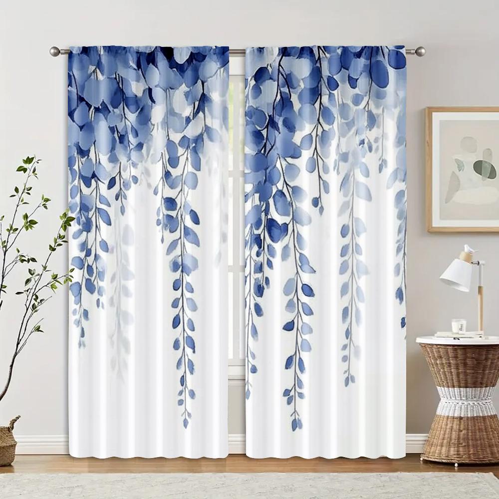 

2 шт., Шторы и оконное оформление, 2D-принт, узор «Синий лист», универсальная ткань (без удилища) Универсальное Все для Гостиной, 29x65in(75x166cm)